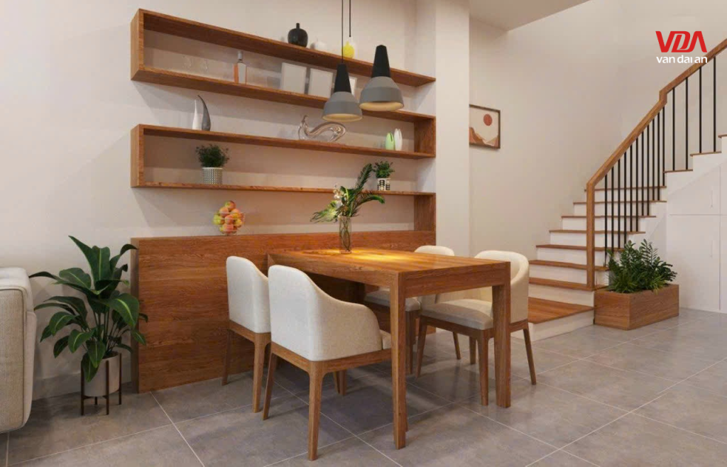 Bàn ăn gỗ theo phong cách mộc đơn giản.