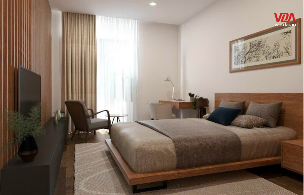 phòng ngủ gỗ tự nhiên với giường và tủ gỗ tone ấm.