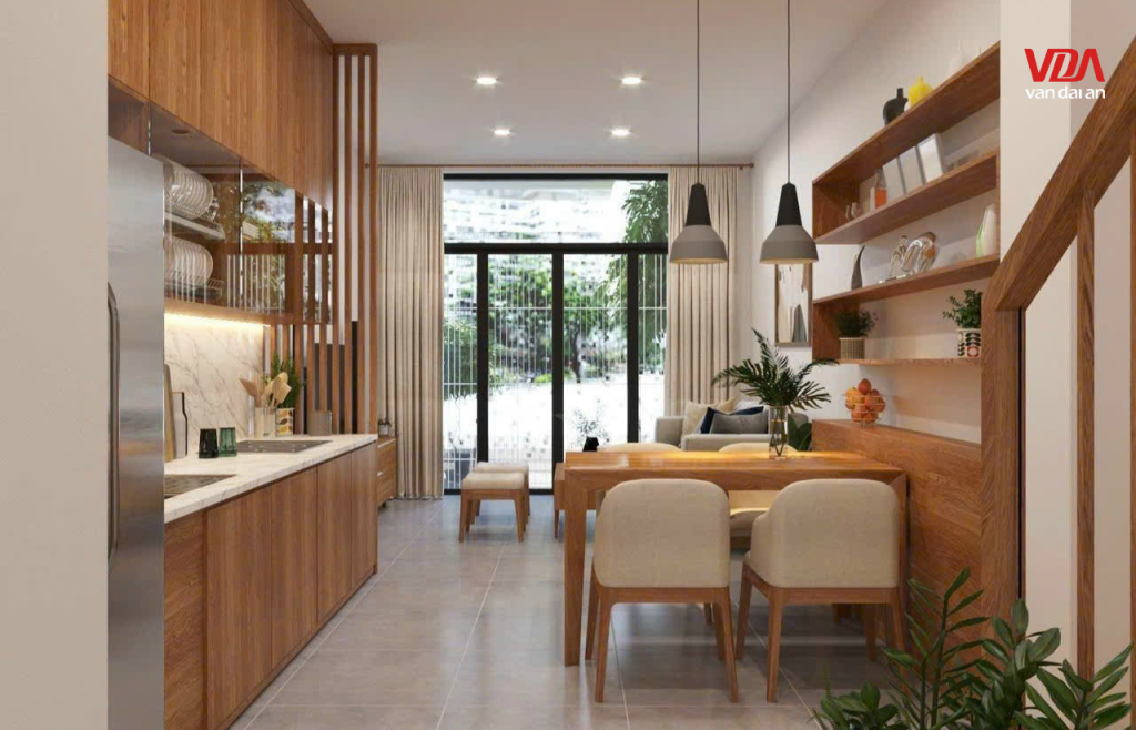 Không gian bếp gỗ công nghiệp kết hợp gỗ tự nhiên.