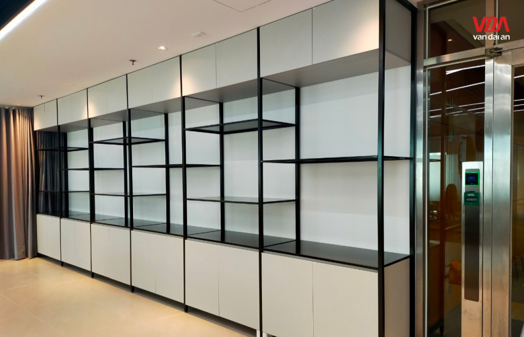 Hệ kệ tủ hồ sơ khung sắt kết hợp gỗ công nghiệp thiết kế hiện đại và sang trọng