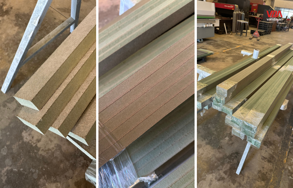 Mặt cắt cốt gỗ MDF lõi xanh chống ẩm với kết cấu bột gỗ mịn đặc