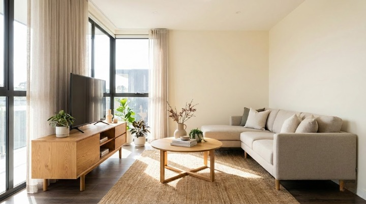 phối màu nội thất phòng khách với tông màu sáng và trung tính