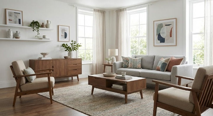 Phòng khách phối màu gỗ và màu sáng theo tỷ lệ cân đối