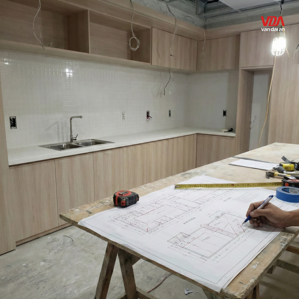 Bản vẽ chi tiết vị trí cấp thoát nước và ổ cắm điện cho khu vực pantry