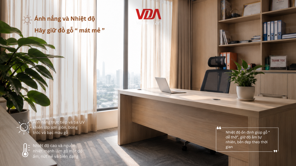 Dùng rèm cửa che nắng cho góc làm việc có nội thất gỗ