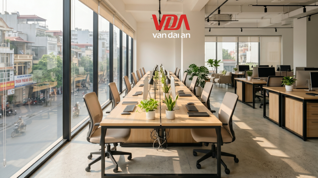 Vách kính cường lực khung sắt phân chia không gian văn phòng