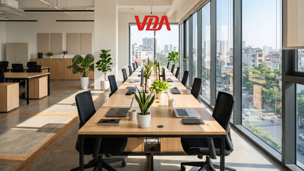 Bố trí bàn làm việc song song cửa sổ để tận dụng ánh sáng