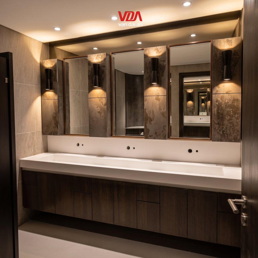 khu vực vệ sinh cao cấp với hệ tủ gương hiện đại